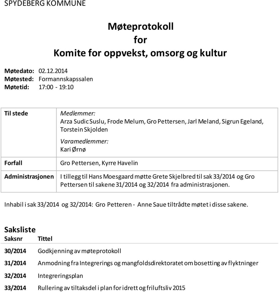 Pettersen, Jarl Meland, Sigrun Egeland, Torstein Skjolden Varamedlemmer: Kari Ørnø Gro Pettersen, Kyrre Havelin I tillegg til Hans Moesgaard møtte Grete Skjelbred til sak 33/2014 og Gro Pettersen