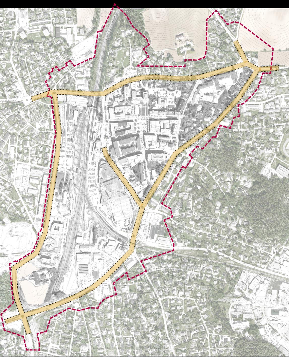 OMRÅDEREGULERINGSPLAN Grensesnitt» Plan for hovedgatene (gult) er et bidrag til kommunens områdereguleringsplan for Ski sentrum (rødt).