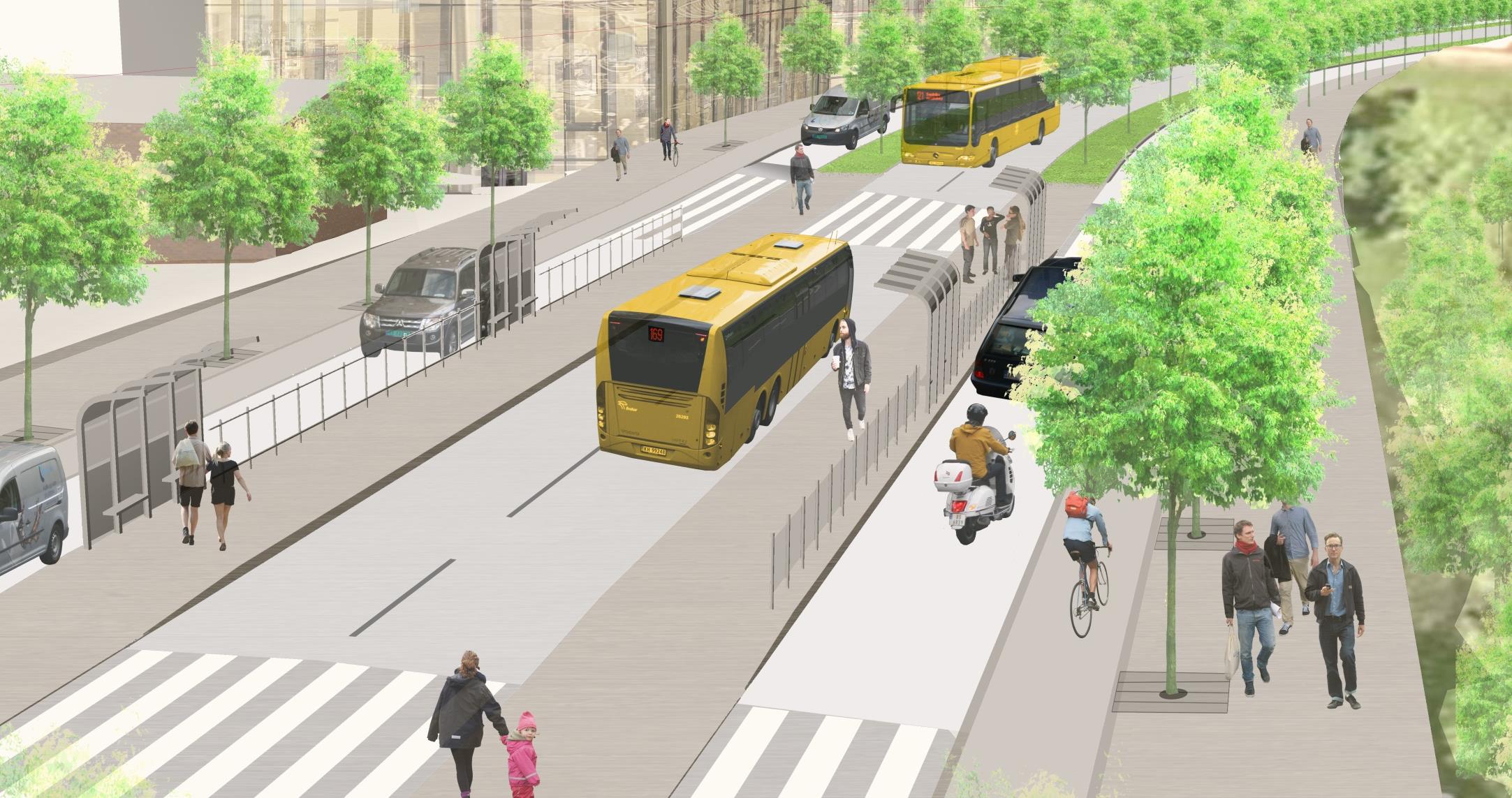 EGENSKAPER I LØSNING Kollektiv Bussen skal kunne kjøre uforstyrret gjennom sentrum. Det gir god fremkommelighet.