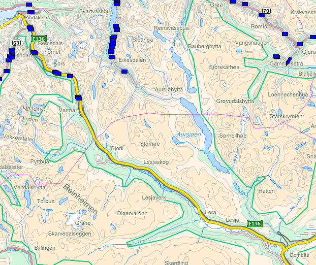 12 Videreutvikling av skredrisikomodell 3.2 E136 Romsdalen E136 fra Dombås til Bjorli går gjennom et variert landskap og klimaforholdene på strekningen varierer.