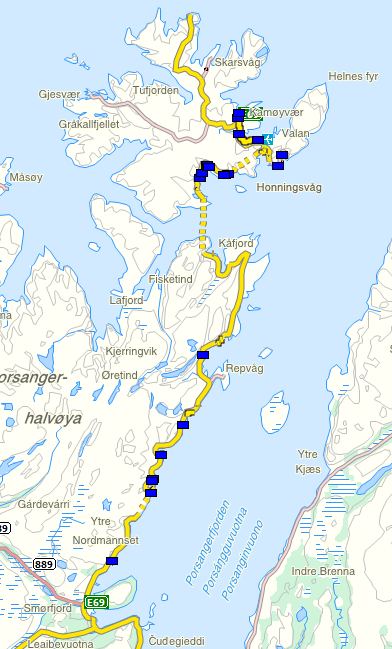 16 Videreutvikling av skredrisikomodell 3.5 E69 Porsanger E69 går fra E6 ved Olderfjord til Nordkapp. Det er i sett på strekningen langs Porsangerfjorden frem mot Kåfjord (Magerøysundet).