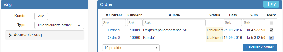 Fakturere tidligere lagrede ordrer Noen har rutine for å lage ordrer fortløpende, mens de skal faktureres på et senere tidspunkt.