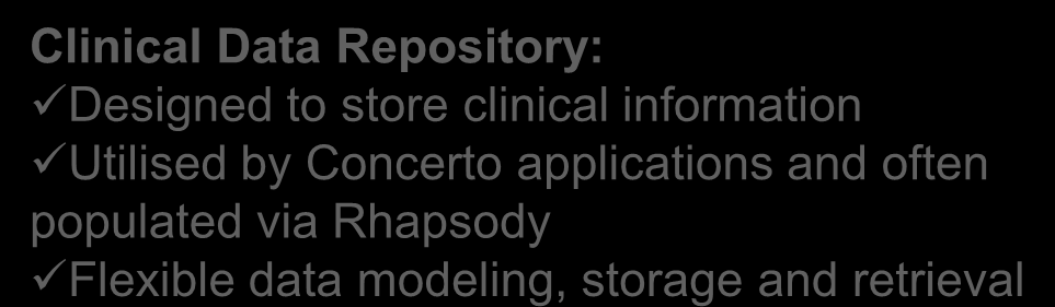 Clinical Documentation, Electronic Orders, Disease Management, Whiteboard, Bed Management and Others Capture and report on information Messaging capabilities Rhapsody Integration Engine: Clinical