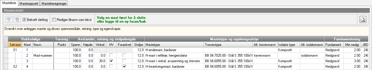 15.2 Masteoppsett-dialogen Dette er et stort vindu som i tillegg til å inneholde alle innstillingsmuligheter fra toolboksen på en og samme flate også viser masteberegningsresultater samt andre