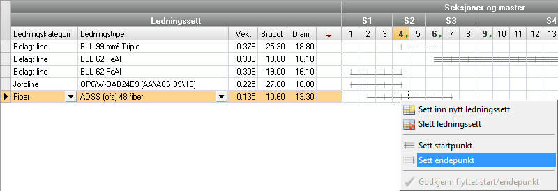 16.2 Velg ledningssett og disses spennområder Ledningssett defineres i Ledningssett-mappen. Klikk på sett inn nytt ledningssett -toolbutton og velg deretter ønsket ledningskategori og ledningstype 1).