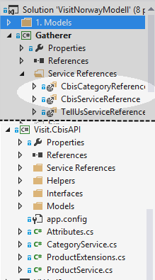 For å få ut alt vi trengte måtte vi bruke to forskjellige referanser se figur 15. Den ene var en SOAP-basert service som ble koblet direkte mot CBIS API via Gatherer-prosjektet.