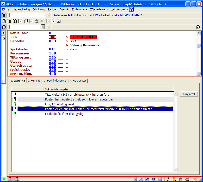 En valideringsmelding om dobbeltinnførsel i indeksfilen betyr, at det allerede finnes en post med samme ISBN- eller ISSN-nummer. Du kan kalle frem den eksisterende posten ved klikk på Vis relatert.