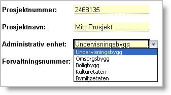 Nedtrekksmenyer: Nedtrekksmenyer markeres med en pil til på høyre side av innleggingsfeltet. Du kan markere i listen eller skrive direkte i innleggingsfeltet.