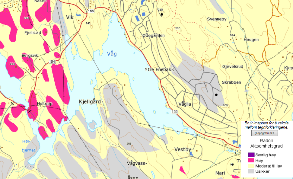 Kart fra NGU over radon og aktsomhetsgrad. http://geo.ngu.no/kart/arealisngu/?