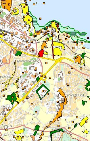 Kartet «Antikvarisk klassifikasjon av bebyggelse» inneholder informasjon om både bygg av antikvarisk verdi inndelt i 4 klasser samt omriss av områder; bevaringsområder i regulerings- eller