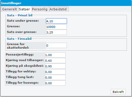 Satser Her kan ulike satser for bruk av privat og firmabil spesifiseres.