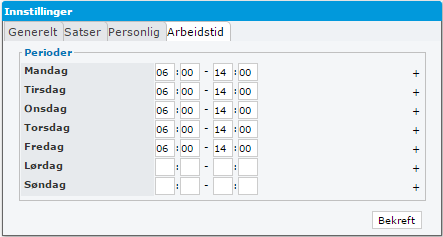 Arbeidstid Her kan arbeidstid spesifiseres for hver ukedag.