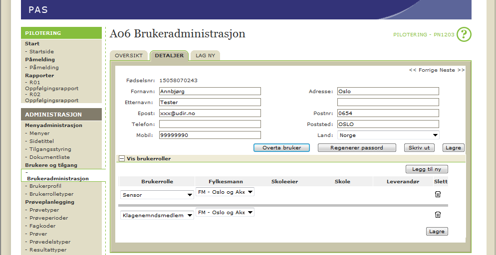 Trykk på ein vald brukar for å komme inn i detaljbiletet for brukaren. Her kan du endre kontaktinformasjon, osv. Dei høgaste brukarrollene kan overta brukar ved behov for å hjelpe lågare brukarroller.