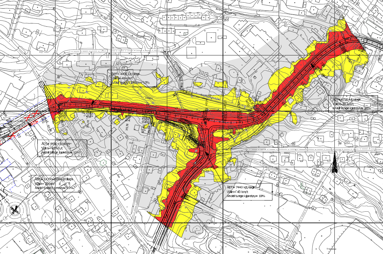 Figur 3 Støysoner basert på beregnet trafikk i 2035, med dagens vegsystem.