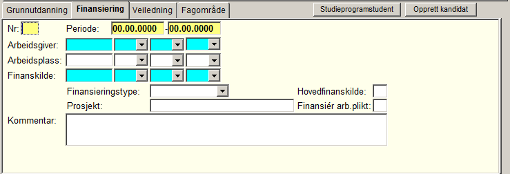 7 Underbilde Finansiering Dette underbildet er meget viktig i forhold til rapportering til DBH! All informasjon i dette underbildet blir med over til Student samlebilde.