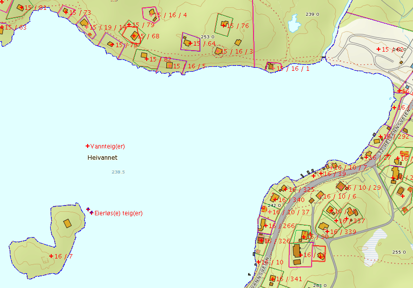 Kartskisse 19: Eksempel 1 viser en kartpresentasjon av grenser i vassdrag/innsjø fra Siljan kommune.