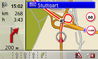Kartvisningen aktiveres og viser aktuell posisjon, såfremt det finnes GPS-mottak. Dersom en navigering allerede er aktiv, vises kartet med navigering.