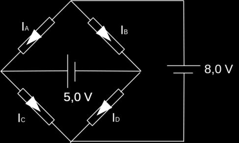 Oppgave 5 Vi kaller de fire strømmene gjennom motstandene I A I D som vist Da får vi disse fire likningene: 5,0Ω I A +,0Ω I C = 8,0 V 3,0Ω I B + 6,0Ω I D = 8,0 V 5,0Ω I A + 3,0Ω I B = 5,0 V Disse kan