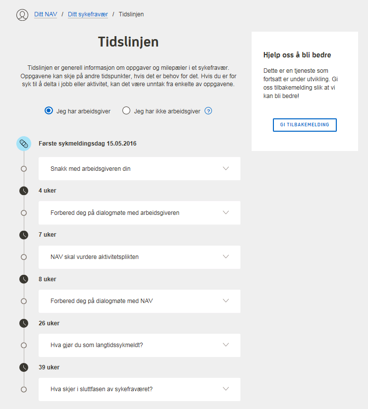 Tidslinjen visuell informasjon gir tydelig informasjon som alltid er tilgjengelig Fra Ditt sykefravær vil brukeren få tilgang til sin egen tidslinje «Se oppgavene på tidslinjen».