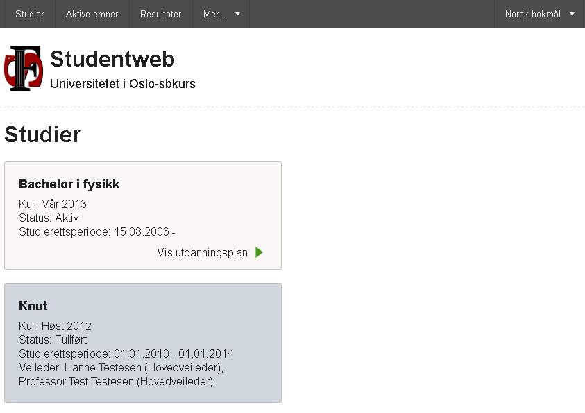 Studier Oversikt over alle studieprogram som studenten er eller har vært tilknyttet