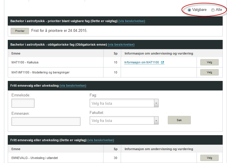 Fremvisning av valgbare eller alle emner Viser i utgangspunkt kun frem de emner som studenten kan