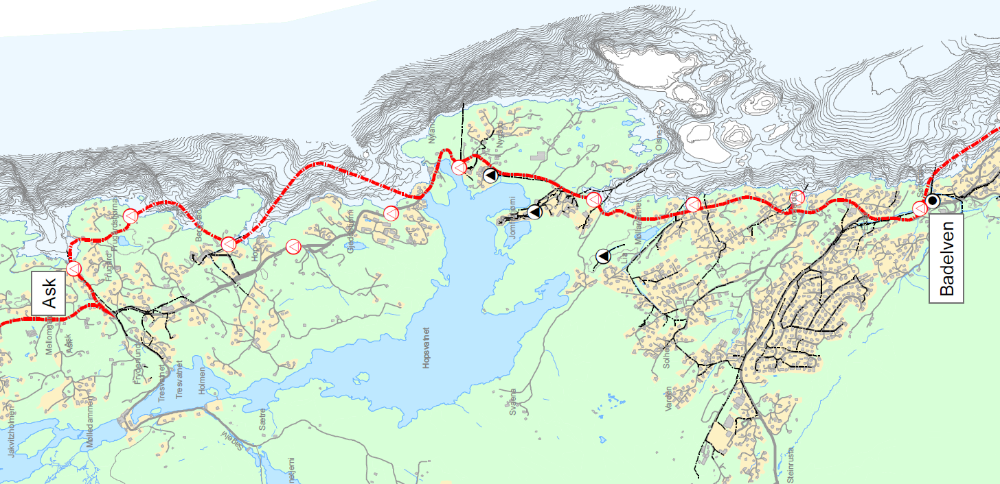 4.3.2.2 Ask Badelven Omfatter delstrekning fra Ask til Badelven. Jf. etterfølgende kartutsnitt.
