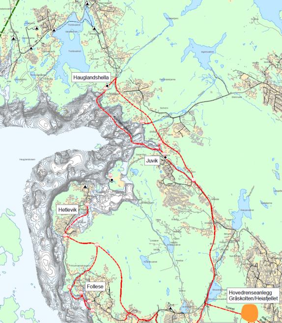 hovedsak dels følger eksisterende hovedveg Fv. 562 mellom Strusshamnvatnet og Fjellheim/Lavik, og dels ny veg mellom Lavik og Haugland.