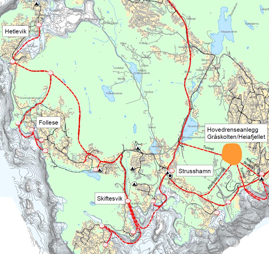 4.3.4 Overføringsanlegg Vestre trasé Gjelder overføringsanlegg fra sørvestre del av Søre Askøy fra områdene Hetlevik, Follese, Skiftesvik og Strusshamn. Jf. etterfølgende kartutsnitt.