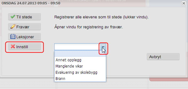 Klikk på leksjonen du skal innstille i kalenderen 2. I boksen klikker du på nedtrekksmenyen for å velge en forhåndsdefinert årsak til innstillingen 3. Klikk på knappen «Innstill».