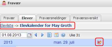 4. Heldagsfravær fra Elevkalenderen: Klikk på Heldagsfravær-ikonet til høyre for datofeltet i elevkalenderen.
