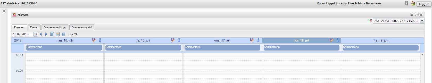 Oppstartsbilde Første gang du kommer inn i Fraværsmodulen vil det se omtrent slik ut: Øverst til høyre ser du at du er logget inn med ditt navn. Der er også en Logg ut-knapp.
