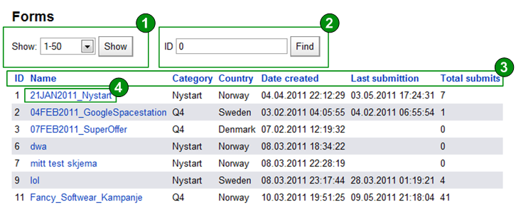 Brukerdokumentasjon Mamut Webforms 2 av 3 4.2.4 List all Denne siden lister opp alle skjemaene som er opprettet. Her kan du velge antall skjemaer som skal vises på en gang.