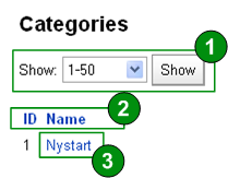 Brukerdokumentasjon Mamut Webforms 9 av 3 4.3.2 List all Her vises alle kategoriene som er opprettet i systemet. Her kan du velge antall kategorier som skal vises på en gang.