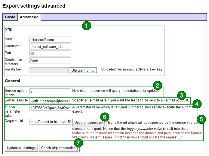 Brukerdokumentasjon Mamut Webforms 26 av 3 4.5.3 Automatic export advanced settings Her kan man endre avanserte innstilinger for automatisk eksportering av leads.