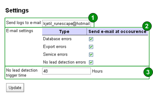 Brukerdokumentasjon Mamut Webforms 28 av 3 4.6 Seksjon: Logging 4.6. Settings Her kan man endre innstillinger for loggføring. 2 Hvis oppgitt så sendes nye logginnføringer til denne e-post kontoen.