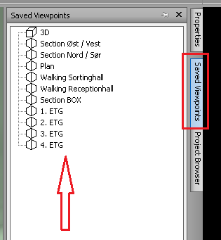 Trykk da på fanen «saved Viewports» og man vil se de lagrede viewene som konsulenten har laget.