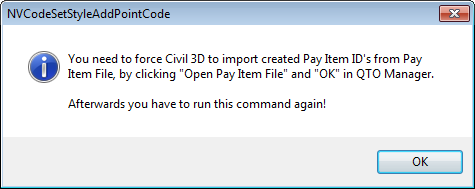 Det finnes ett problem om man benytter gamle filer etablert i tidligere versjoner ettersom Civil 3D da peker på en gammel Pay Item File, funksjonen sier ifra om dette med ett info-vindu.