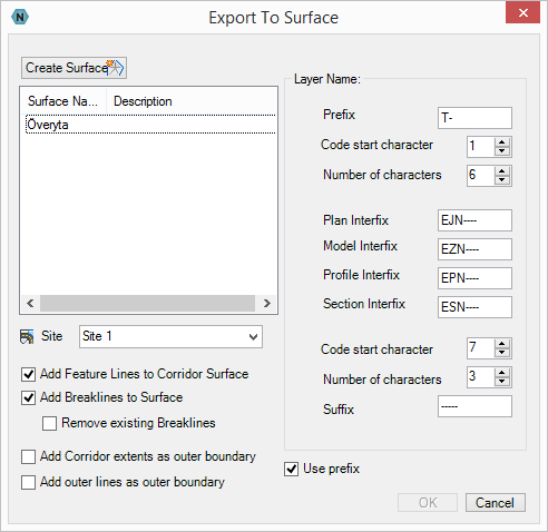 Surface: Her kan linjene eksporteres til en flate /Surface. Create Surface: Lager en ny Corridor Surface.