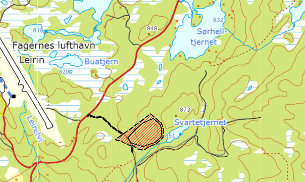 Området ligger på Ranheimsåsen, ved Svarttjernet sør for Leirin, og undersøkt areal er vist på figur 1. Befaringen ble utført 6.4.2015. Figur 1.