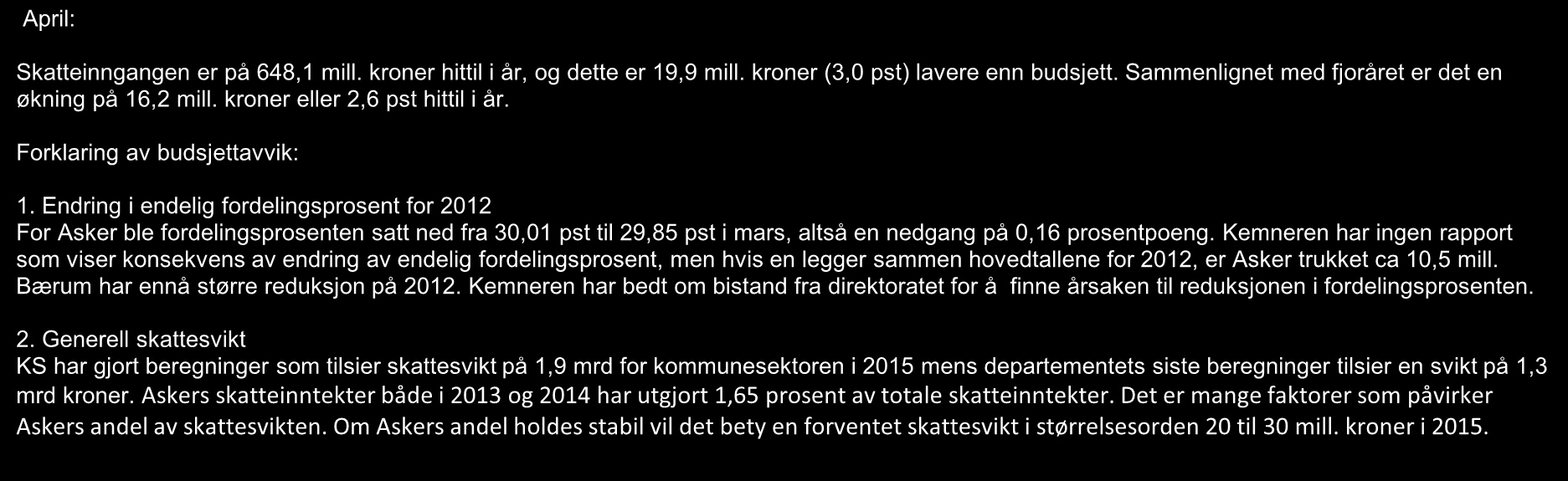 Vedlegg 4 sak 32/15 SKATTEINNGANG 2015 - ASKER KOMMUNE Måned Regnskap Budsjett Avvik Sum måned %-økn. Sum %-økn. forrige år fra f.år 1 000kr fra f.år Jan.