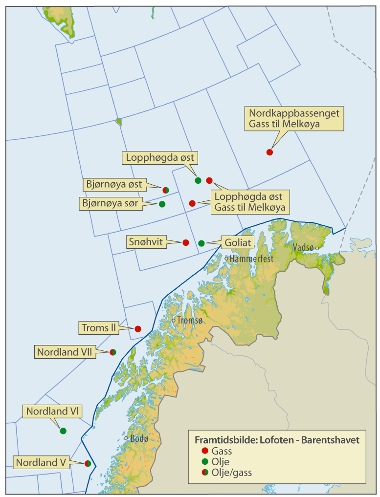 Figur 1. Fremtidsbilde for petroleumsvirksomhet i Barentshavet Sør og Lofoten/Vesterålen i 2009-2030 (OD 2009). 1.3 Utbyggingsløsning og innfasing av ressursene.