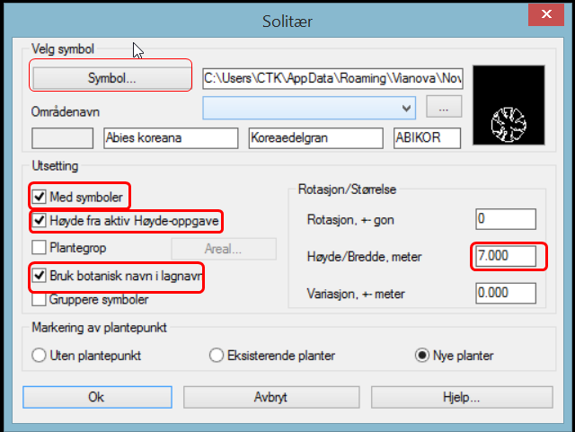 1 lag høydeoppgave 2 i AutoCAD sett denne høydeoppgaven aktiv 3 I AutoCAD ( sørg for at du står på riktig sted, du kan x reffe inn grunnlagskartet) velg plantesymbol og huk av på med symbol, høyde