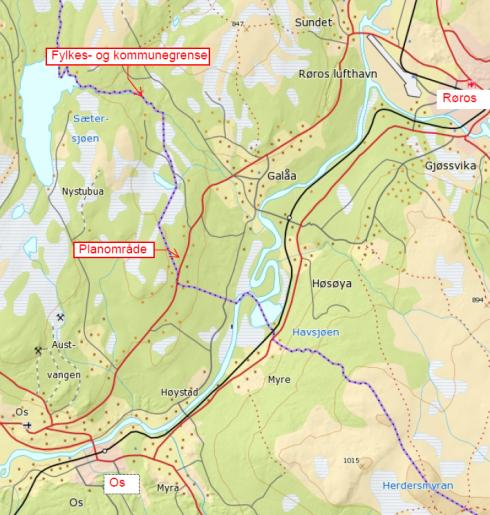 4. DAGENS SITUASJON 4.1. BELIGGENHET OG EIENDOMFORHOLD Planområdet ligger inntil fylkesgrensen mellom Sør-trøndelag og Hedmark fylke, langs Fv. 531 i Gammelvollia mellom Os og Røros.