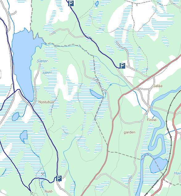 På barmark går det en kjerreveg gjennom det regulerte felte på Hedmarksiden mot Galåkletten.