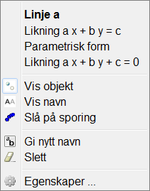 Oppgave 4.35 Tegn linjene. a) y = x b) y = 3 + 2x c) y = 1 d) x = 1 Bruker GeoGebra. Høyreklikker på den enkelte linje: Deaktiver Vis navn.