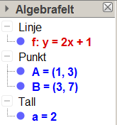 Oppgave 4.75 Ei rett linje går gjennom punktene (1, 3) og (3, 7). a) Bruk et digitalt hjelpemiddel b) Finn stigningstallet og og finn likningen for linja. konstantleddet for linja.