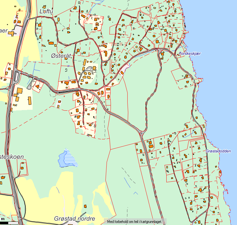 Figur 3: Avgrensning av delområde Bomannsvik og Grøstad skog (rødt).