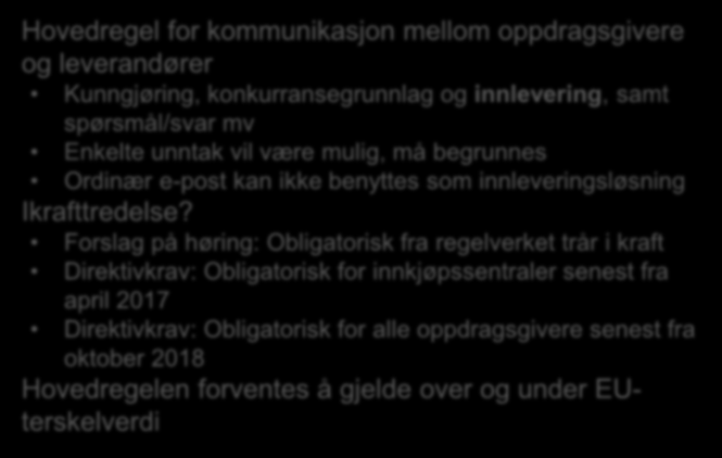 VERIFISERE BEHOV OG PLANLEGGE ANSKAFFELSE GJENNOMFØRE KONKURRANSE GJENNOMFØRE KONTRAKT Regelverksføringer Bestemmelser om elektronisk kommunikasjon Bestemmelser om elektroniske prosedyrer og verktøy