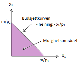 de mulige kombinasjonene av gode 1 og 2 som gjør at hele inntekten blir brukt opp. Konsumentens budsjettbetingelse er gitt ved: p 1 X 1 +p 2 X 2 = m Figur 3.1: Budsjettkurven. (Moen & Riis, 2011 s.