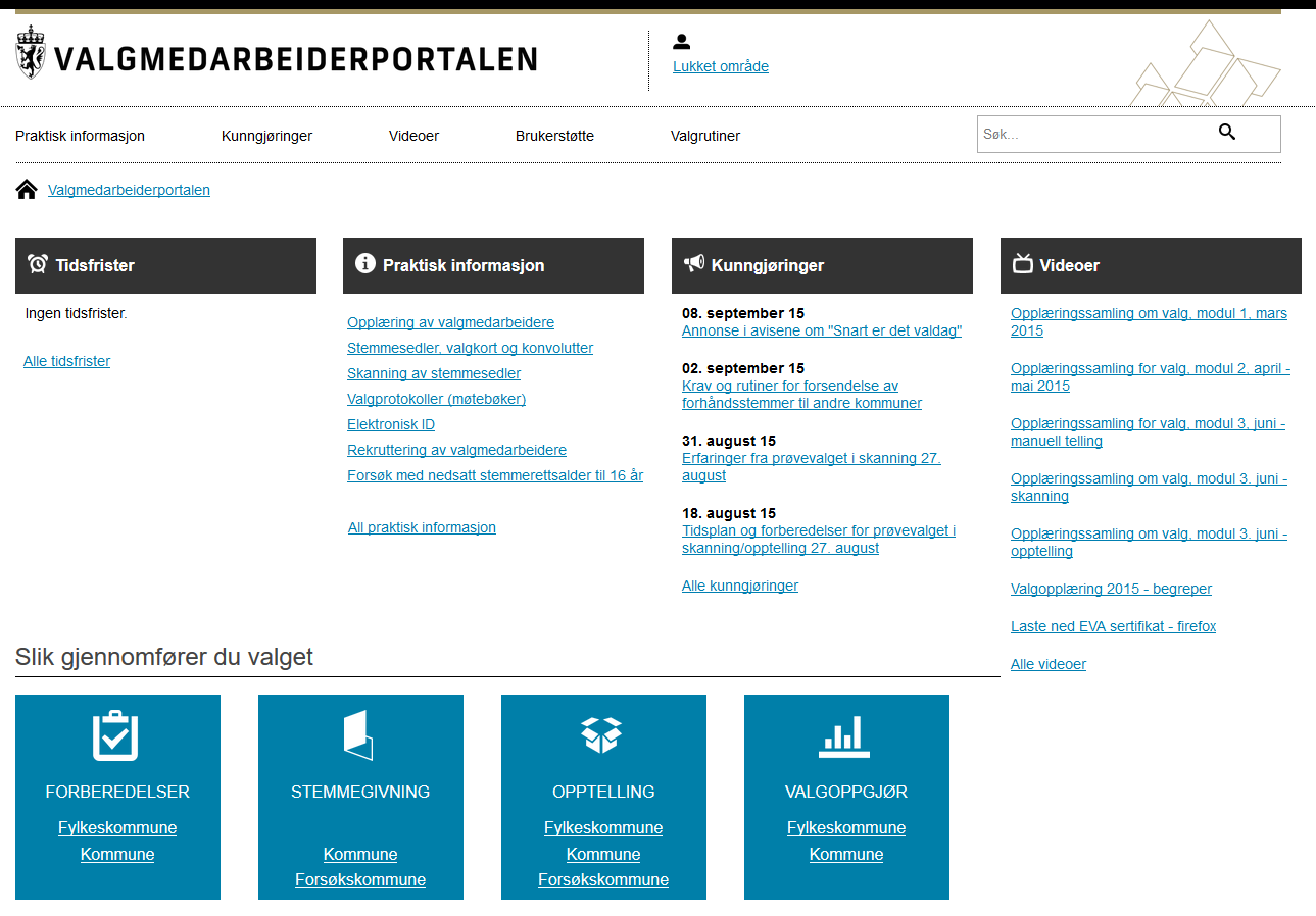 Figur 4-2: Skjermbilde fra valgmedarbeiderportalen, 2015 For at kommunene skulle få med seg viktig informasjon som ble publisert fortløpende på portalen, ble varsel om kunngjøringen sendt på e-post